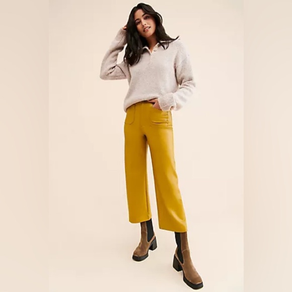 Maeve Anthropologie Vegan Leather Colette Mustard Yellow Wide Leg Pants 29P 29 P
